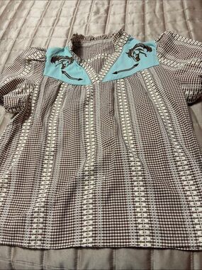 Brown Gingham Casual Women's Top with Turquoise Yoke